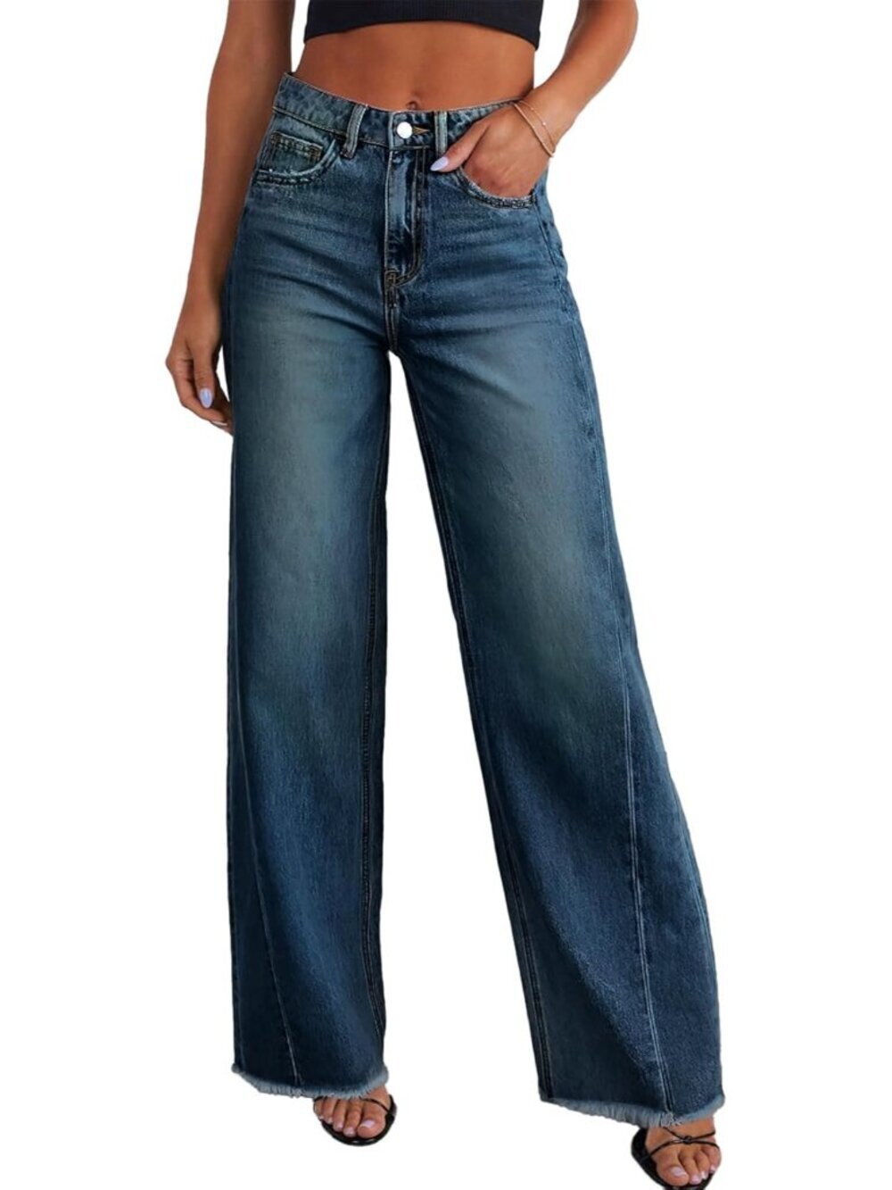 Chic Women's Wide Leg High Waisted Jeans - Vintage Blue Raw Hem Denim